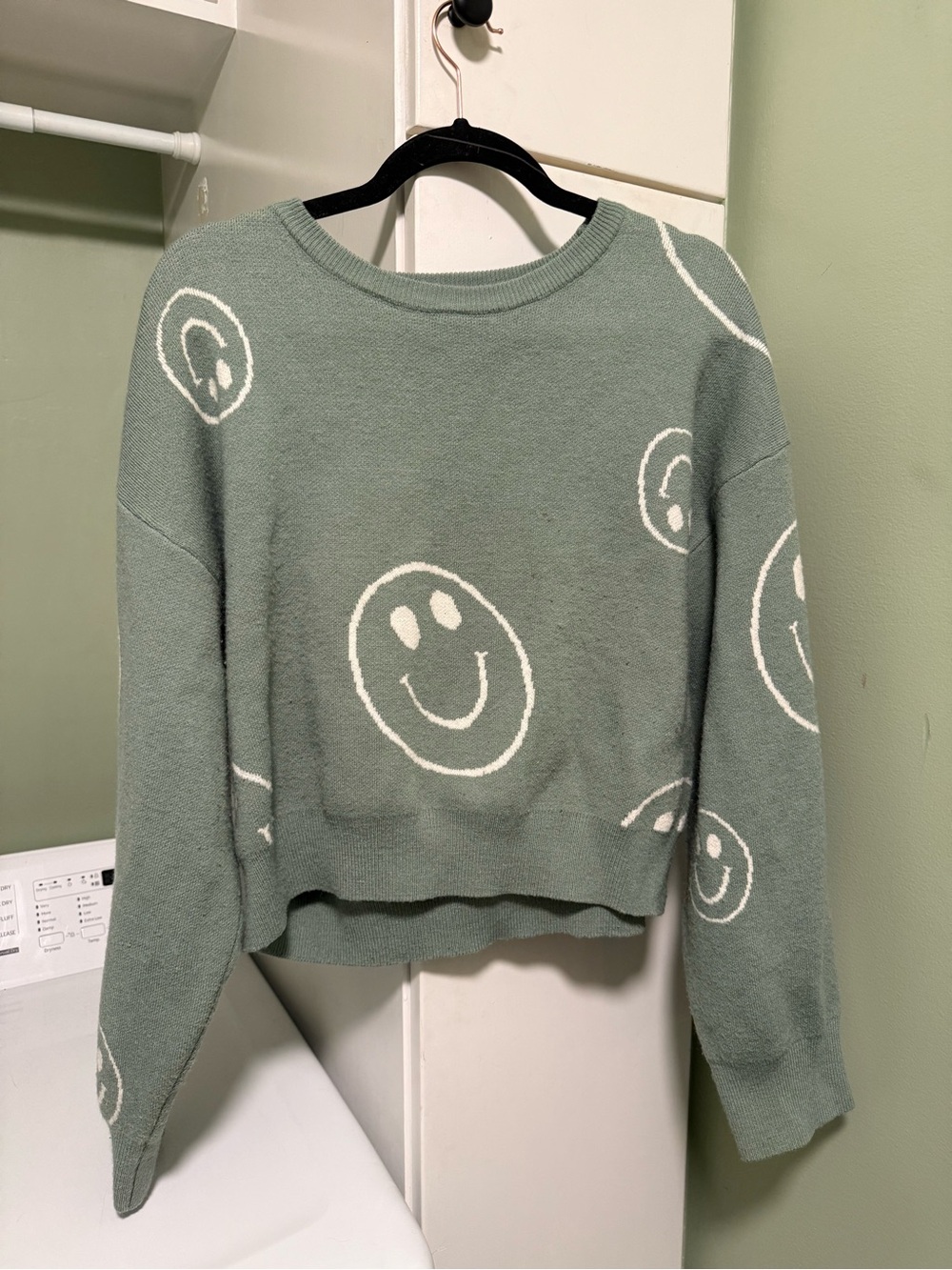 Smiley Face Crewneck Sweater - Sage Green